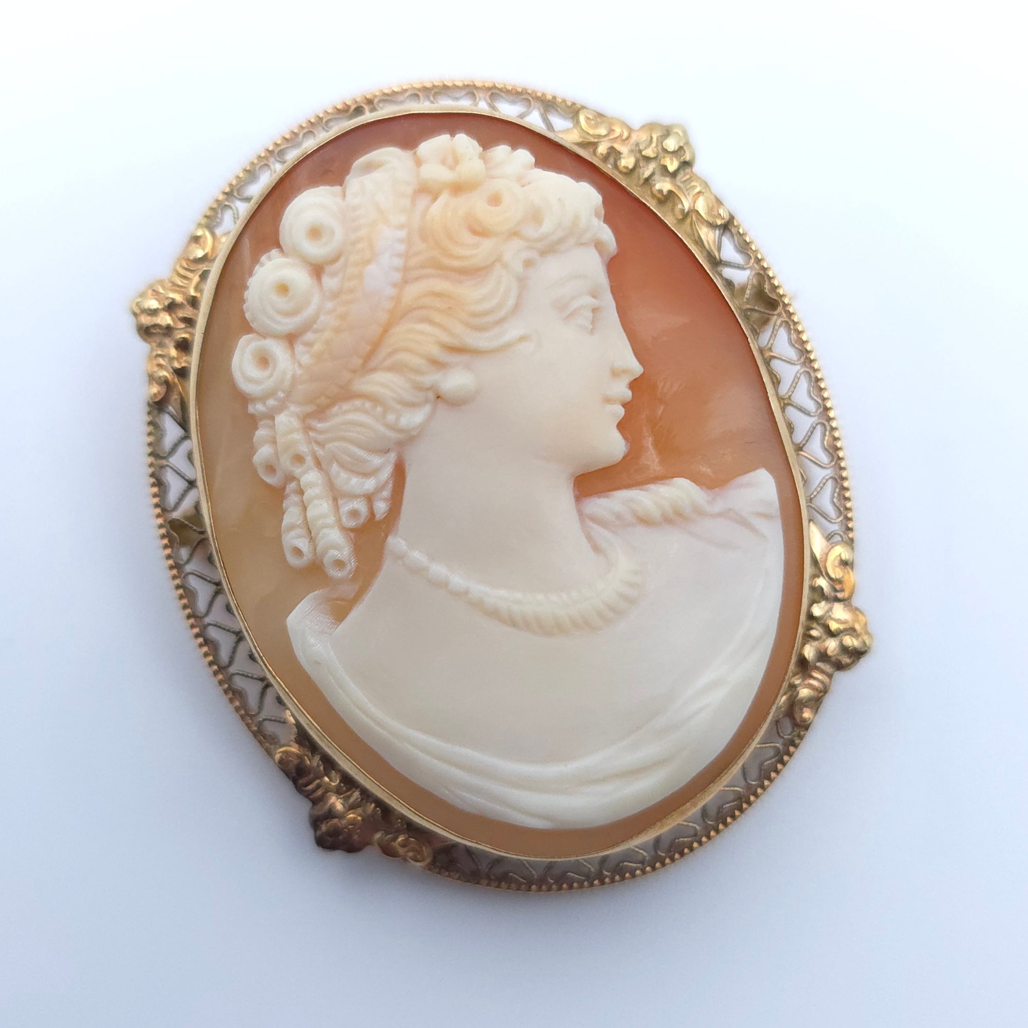 ANTIQUE ART DECO CAMEO 14K YELLOW GOLD LADYS PIN BROOCH PENDENT