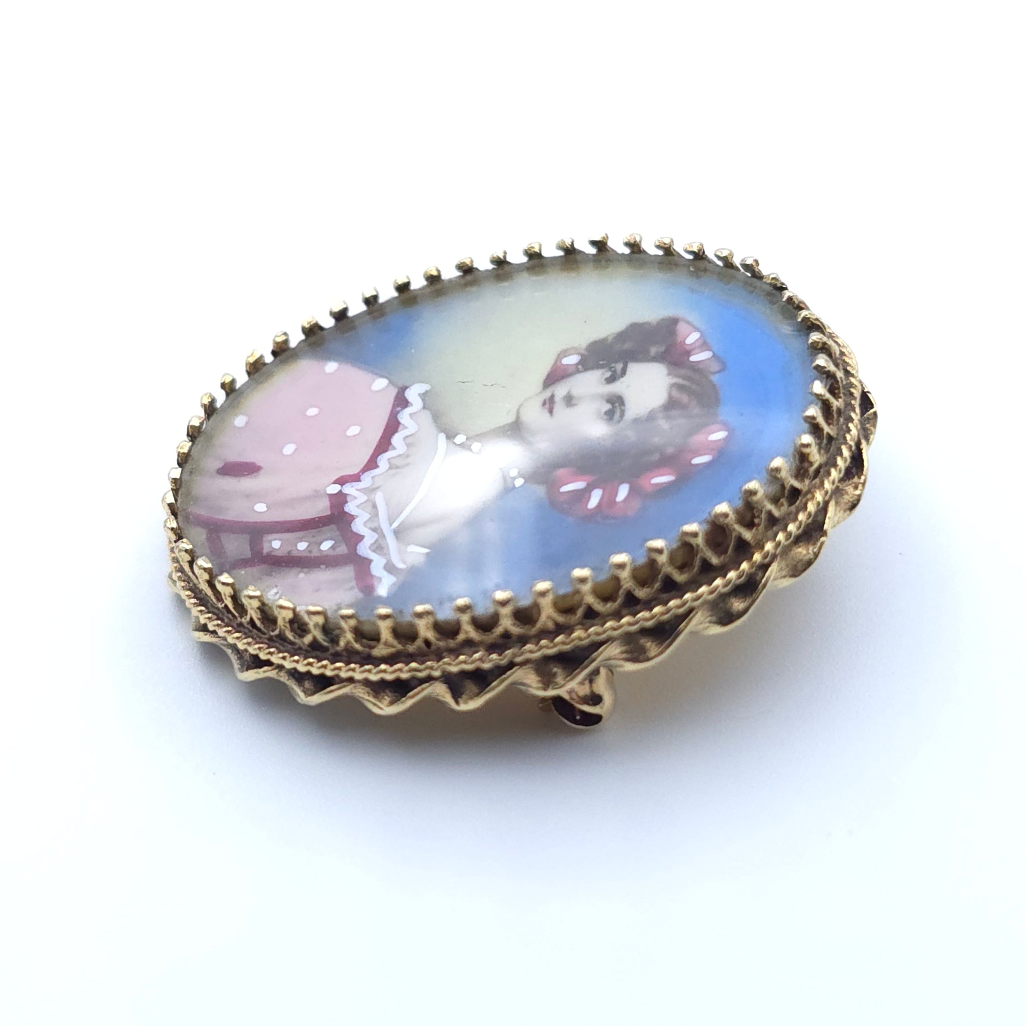 VICTORIAN ANTIQUE 14K YELLOW GOLD LADYS  PIN BROOCH PENDENT HAND PAINTED PORTRAIT