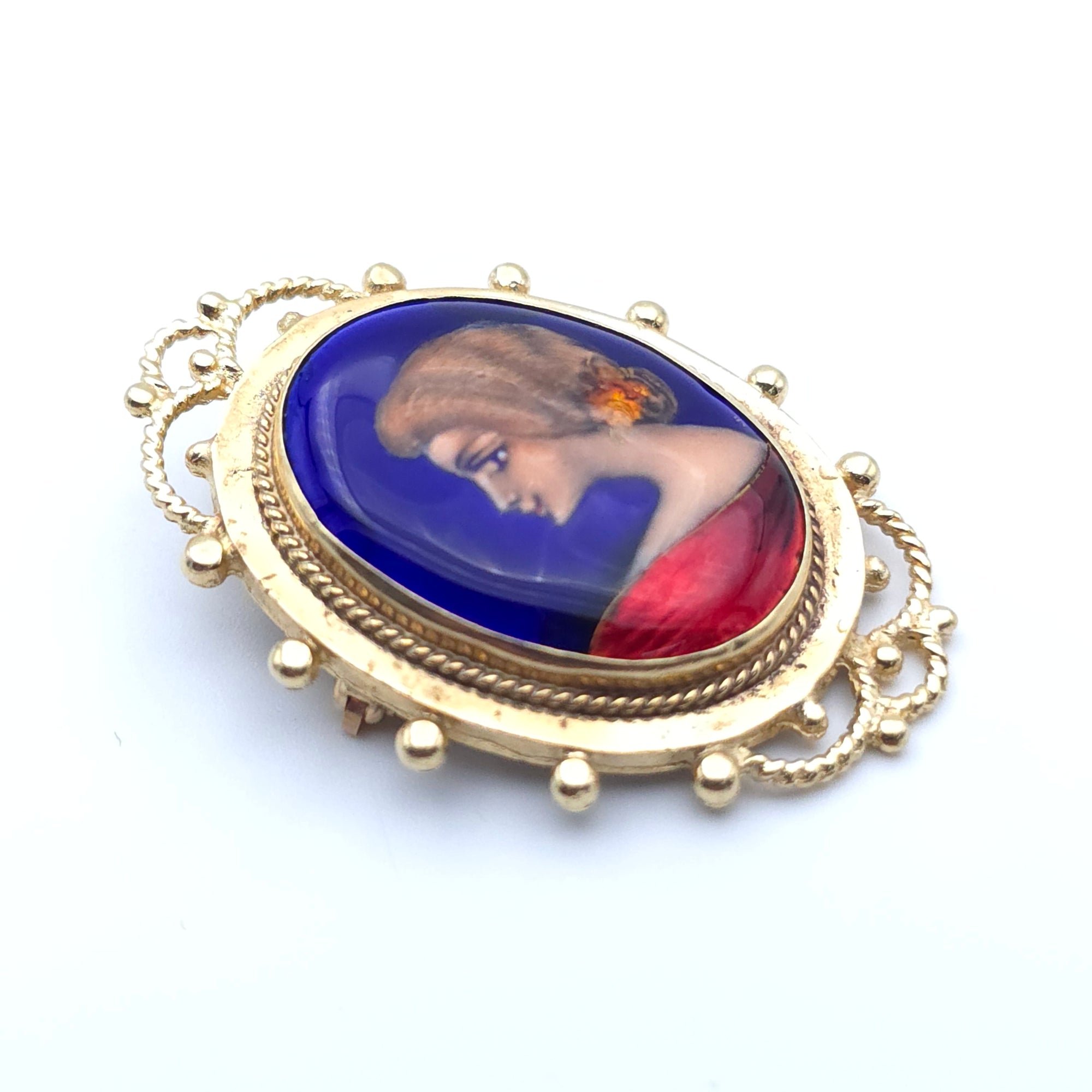 ANTIQUE CAMEO 14K YELLOW GOLD LADYS PIN BROOCH PENDENT PORCELAIN FRANCE