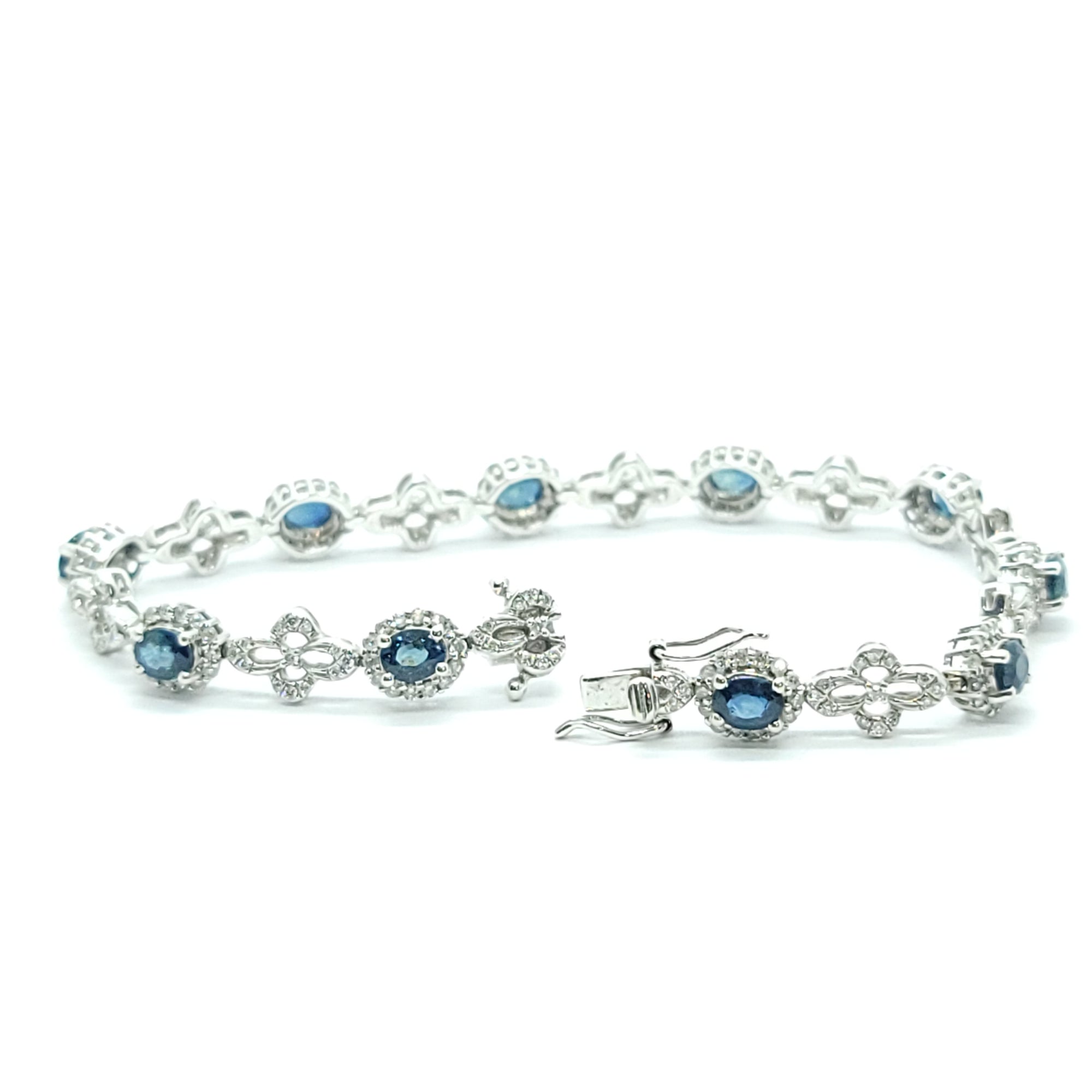MODERN DIAMOND OVAL CUT TEAL  SAPPHIRE TENNIS BRACELET 18K WHITE GOLD LADIES