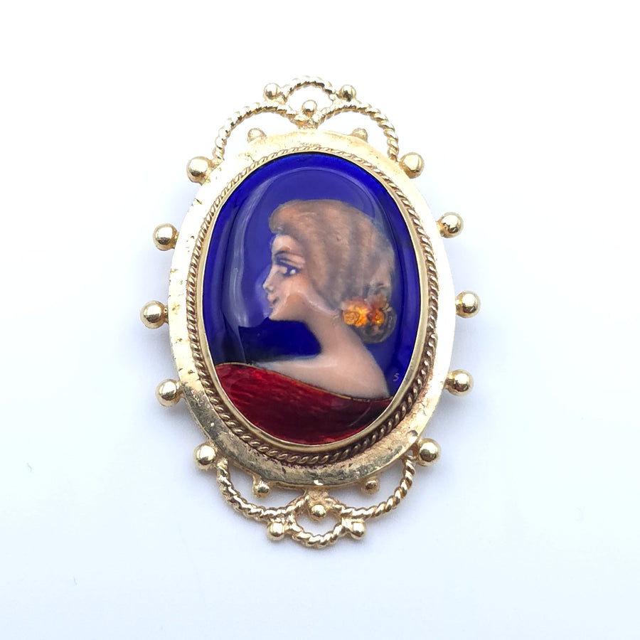 ANTIQUE CAMEO 14K YELLOW GOLD LADYS PIN BROOCH PENDENT PORCELAIN FRANCE