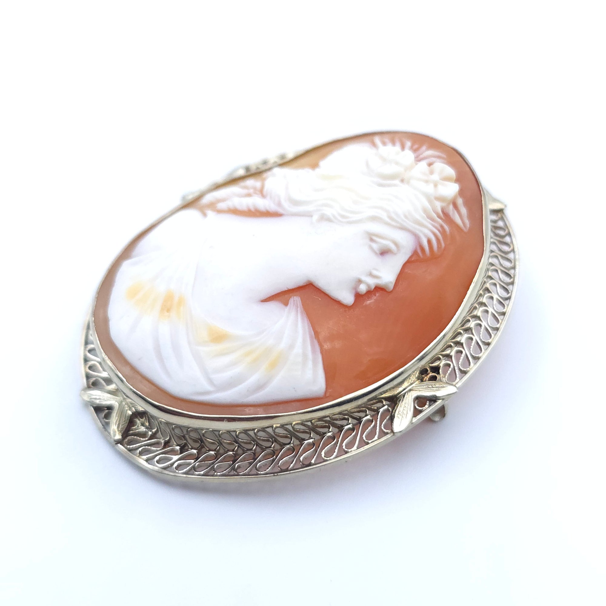 ANTIQUE ART DECO CAMEO 14K WHITE GOLD LADYS PIN BROOCH PENDENT