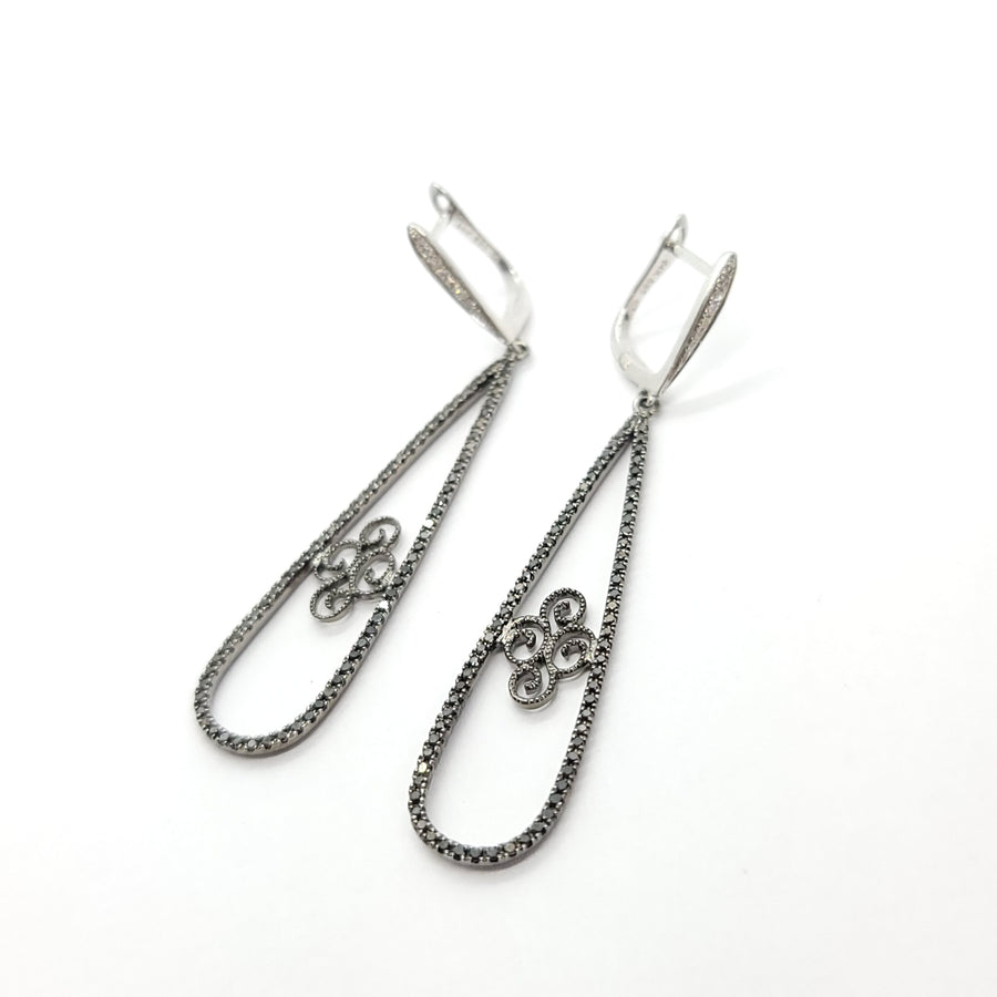 14K BLACK AND WHITE GOLD DIAMOND EARRINGS LONG PEAR SHAPE
