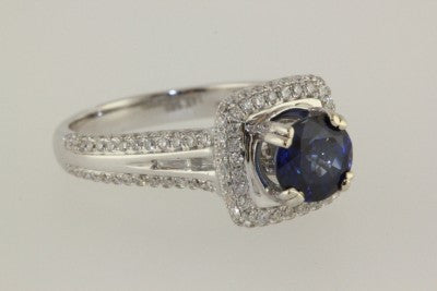 ANTIQUE 14K WHITE GOLD LADYS ROUND SHAPE CELINE SAPPHIRE AND DIAMOND RING 2.85CT