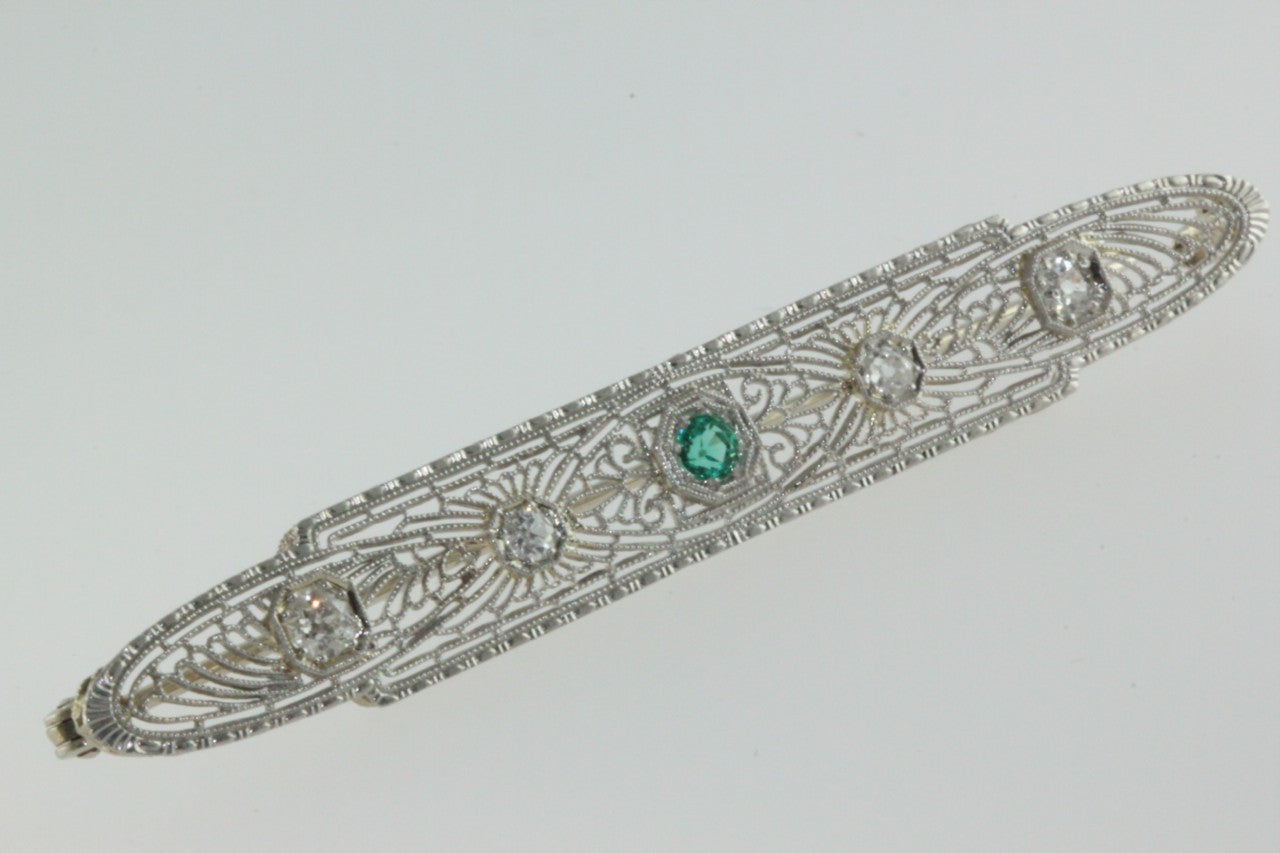ANTIQUE ESTATE ART DECO 14K GOLD LADYS DIAMOND AND EMERALD FILIGREE PIN BROOCH