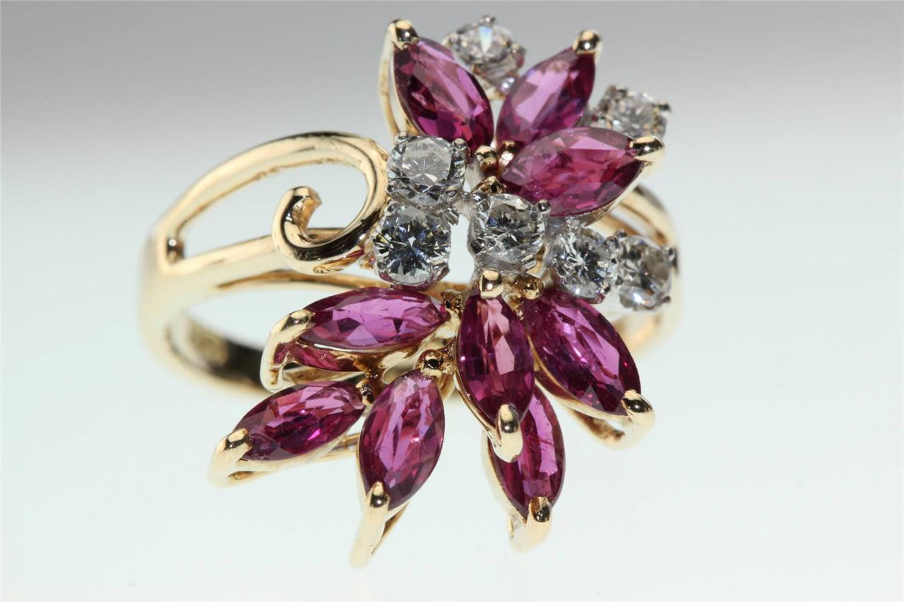 MODERN 14k YELLOW GOLD MARQUISE SHAPE RUBY & ROUND DIAMOND RING 1.84CT