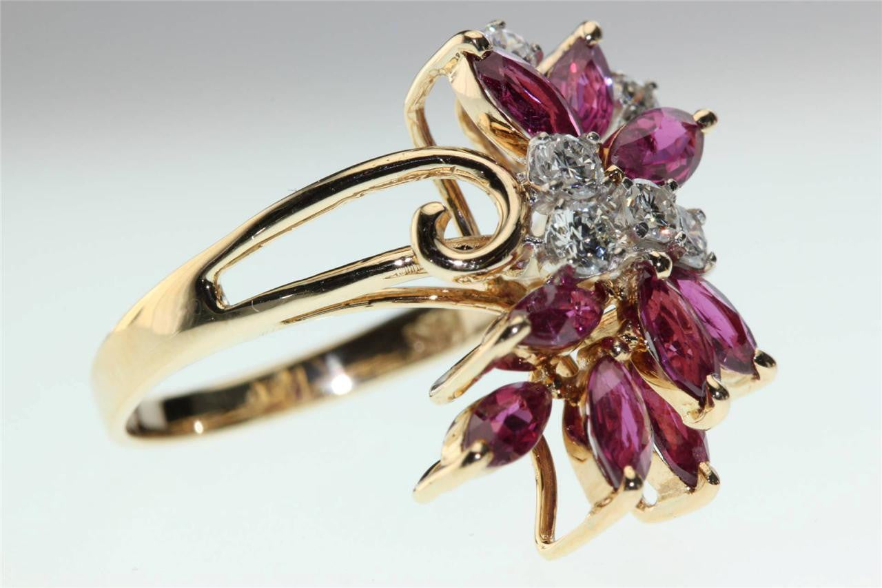 MODERN 14k YELLOW GOLD MARQUISE SHAPE RUBY & ROUND DIAMOND RING 1.84CT