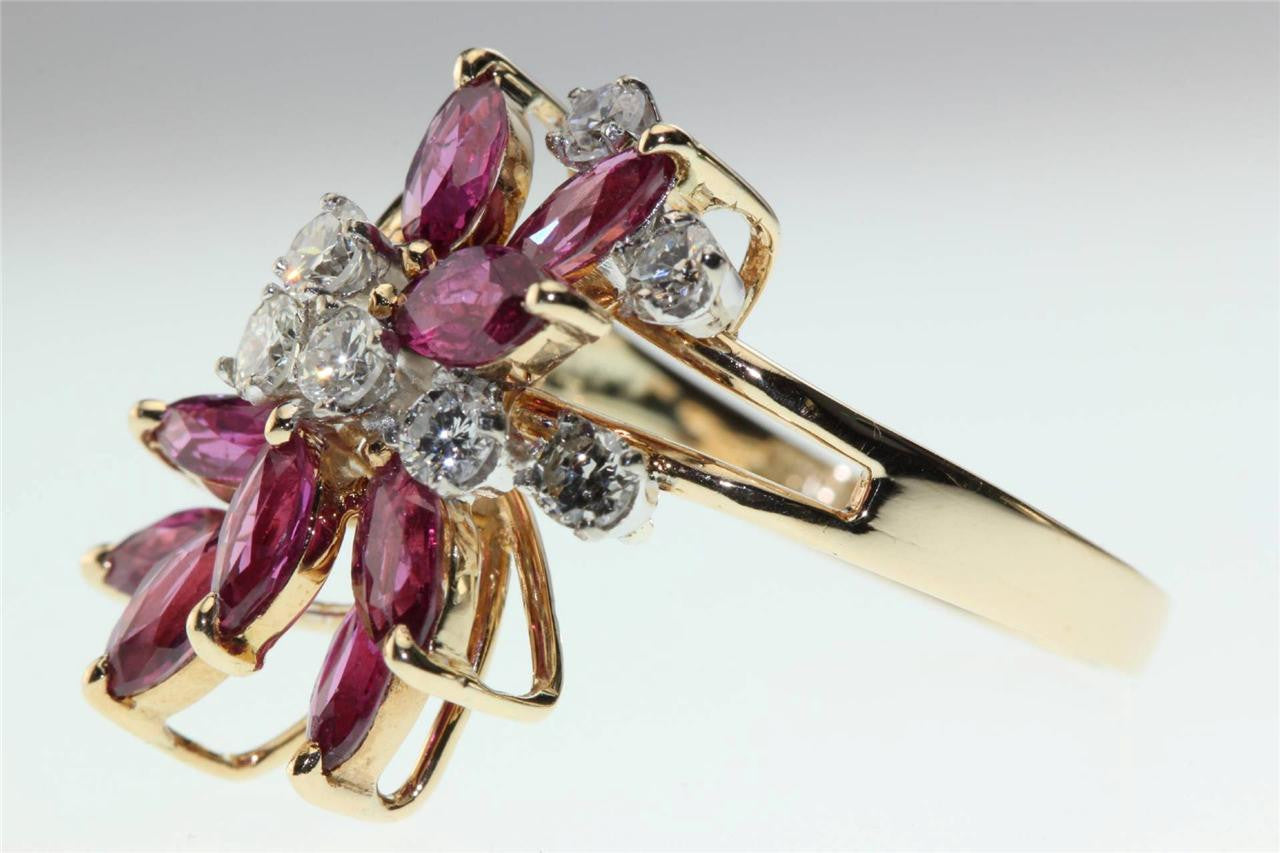 MODERN 14k YELLOW GOLD MARQUISE SHAPE RUBY & ROUND DIAMOND RING 1.84CT