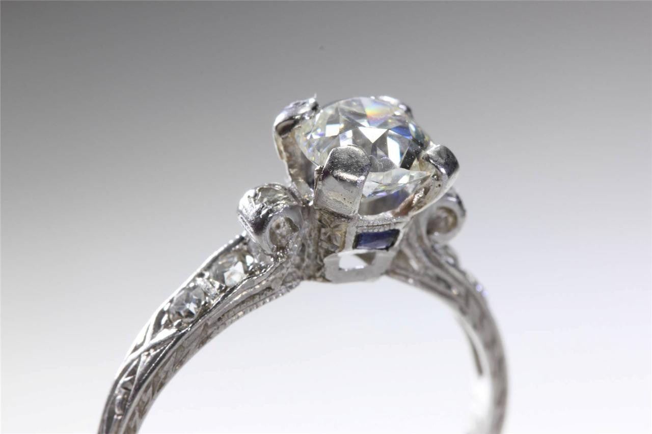 ANTIQUE PLATINUM EUROPEAN MINER CUSHION CUT DIAMOND SAPPHIRE ENGAGEMENT RING