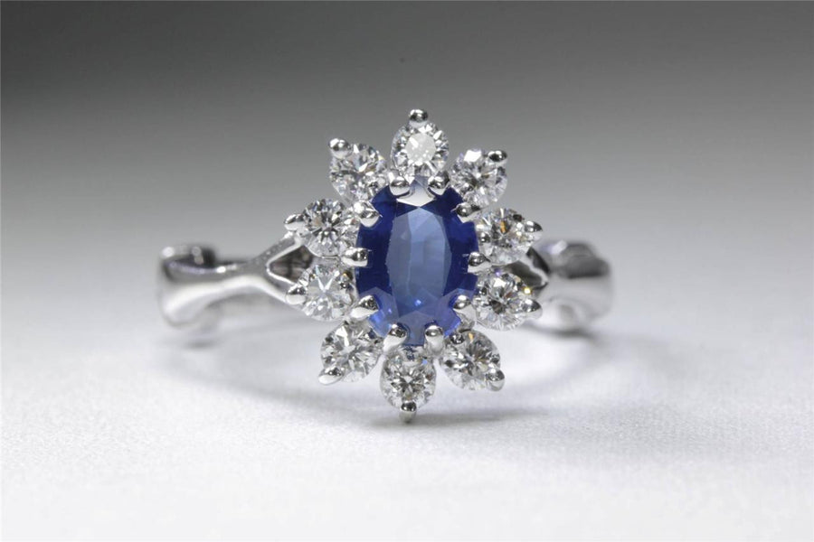 MODERN 14k WHITE GOLD OVAL CUT SAPPHIRE FLOWER HALO SETTING DIAMOND RING 1.45CT