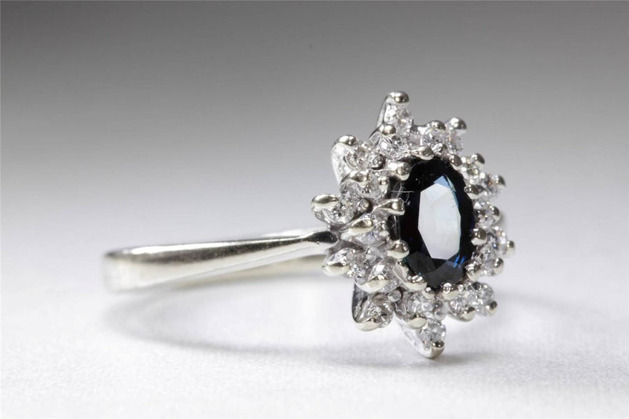 ANTIQUE 14k WHITE GOLD OVAL CUT SAPPHIRE HALO SETTING & DIAMOND RING .80CT