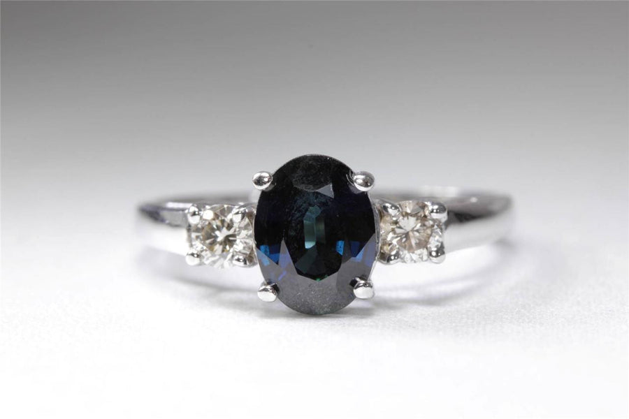 ANTIQUE 14k WHITE GOLD LADIES RING OVAL CUT SAPPHIRE DIAMOND RING 1.32CT