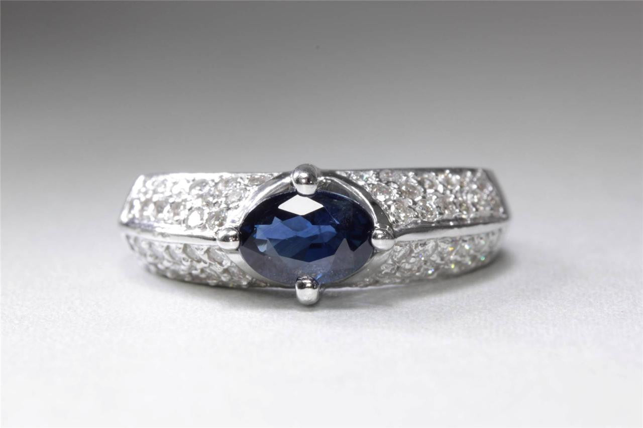 MODERN 14K WHITE GOLD LADIES OVAL CUT SAPPHIRE & DIAMOND RING 1.31CT 14KARAT