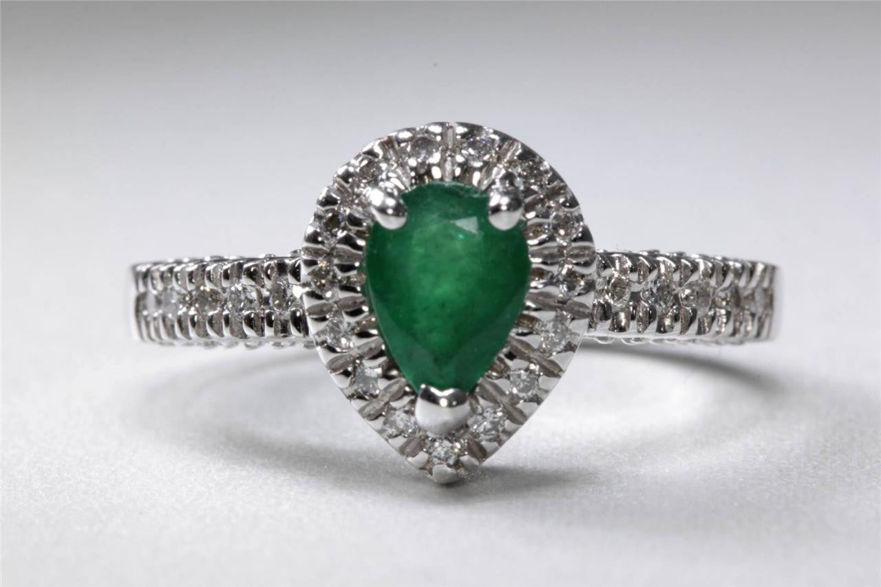 ANTIQUE 14k WHITE GOLD PEAR SHAPE CUT EMERALD HALO SETTING & DIAMOND RING 1.59CT