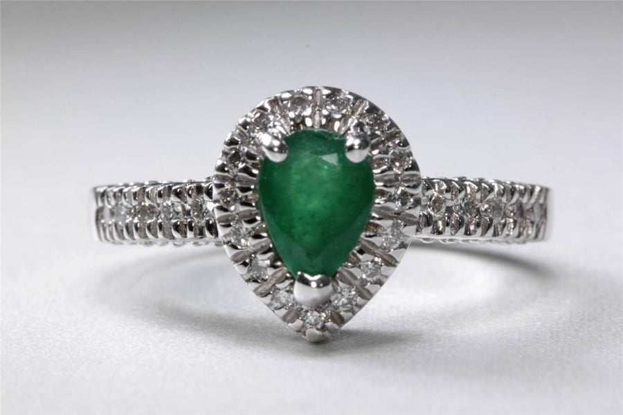 ANTIQUE 14k WHITE GOLD PEAR SHAPE CUT EMERALD HALO SETTING & DIAMOND RING 1.59CT