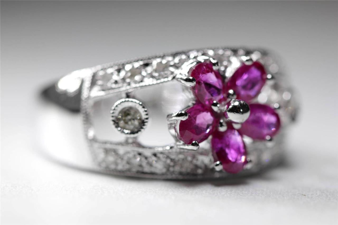 MODERN 14K WHITE GOLD FLOWER SHAPE RUBY & ROUND DIAMOND RING 1.51CT 14KARAT