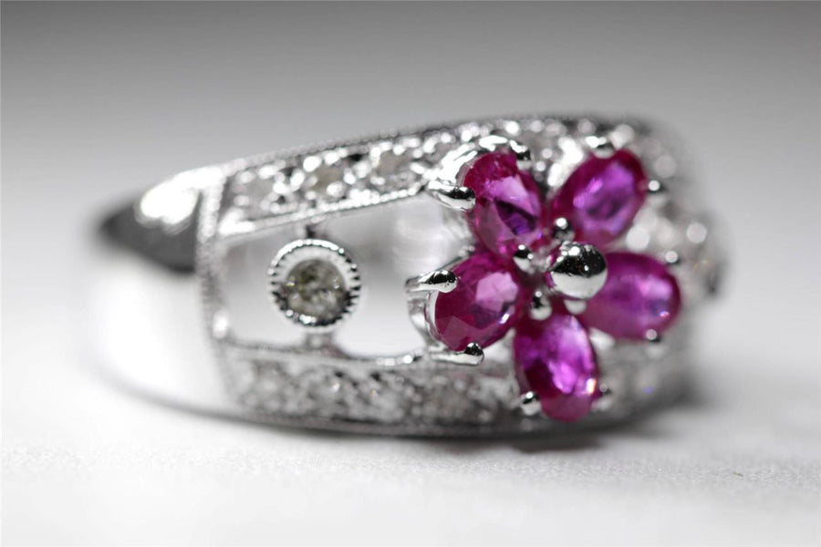 MODERN 14K WHITE GOLD FLOWER SHAPE RUBY & ROUND DIAMOND RING 1.51CT 14KARAT