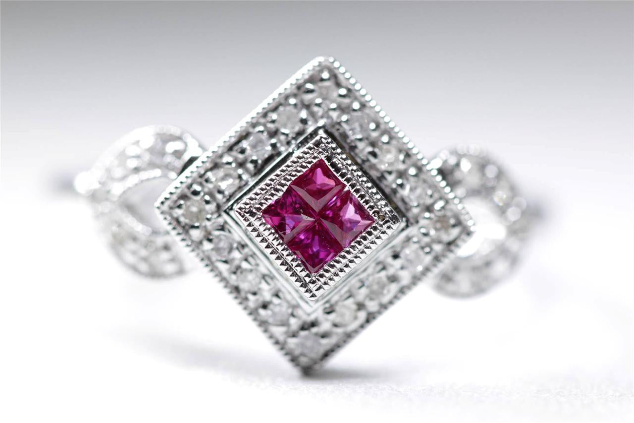 MODERN 14k WHITE GOLD LADYS DIAMOND SHAPE RUBY & ROUND DIAMOND RING .52CT
