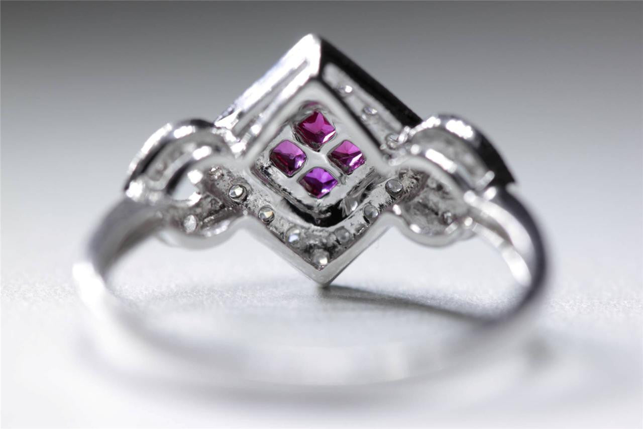 MODERN 14k WHITE GOLD LADYS DIAMOND SHAPE RUBY & ROUND DIAMOND RING .52CT