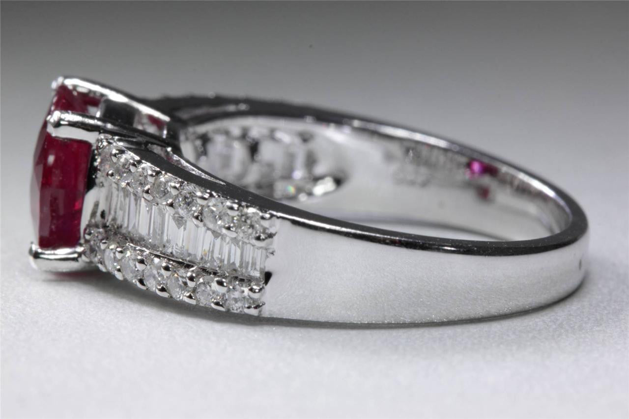 MODERN 14k WHITE GOLD ROUND SOLITAIRE RUBY & ROUND & BAGUETTE DIAMOND RING 3.32C