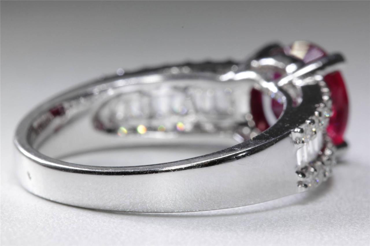 MODERN 14k WHITE GOLD ROUND SOLITAIRE RUBY & ROUND & BAGUETTE DIAMOND RING 3.32C