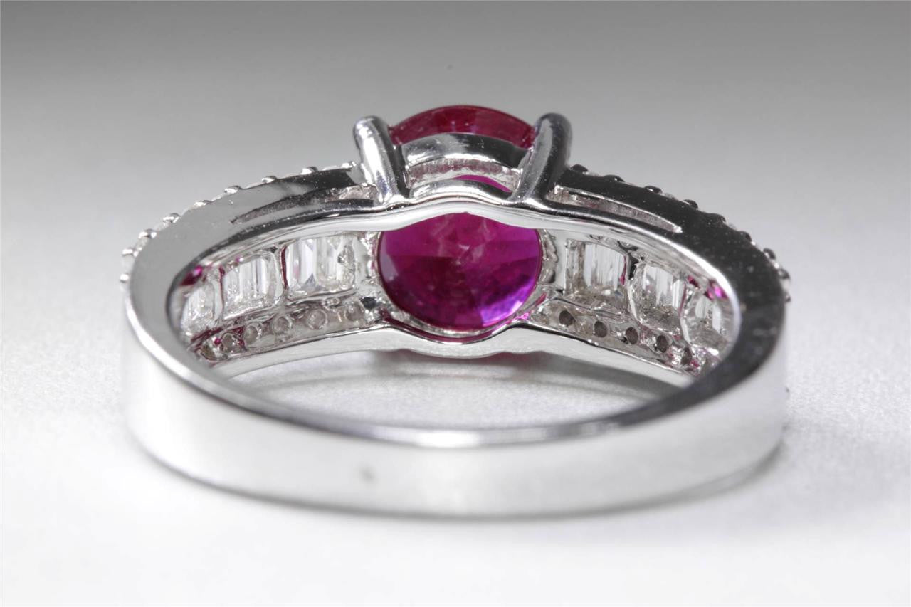 MODERN 14k WHITE GOLD ROUND SOLITAIRE RUBY & ROUND & BAGUETTE DIAMOND RING 3.32C