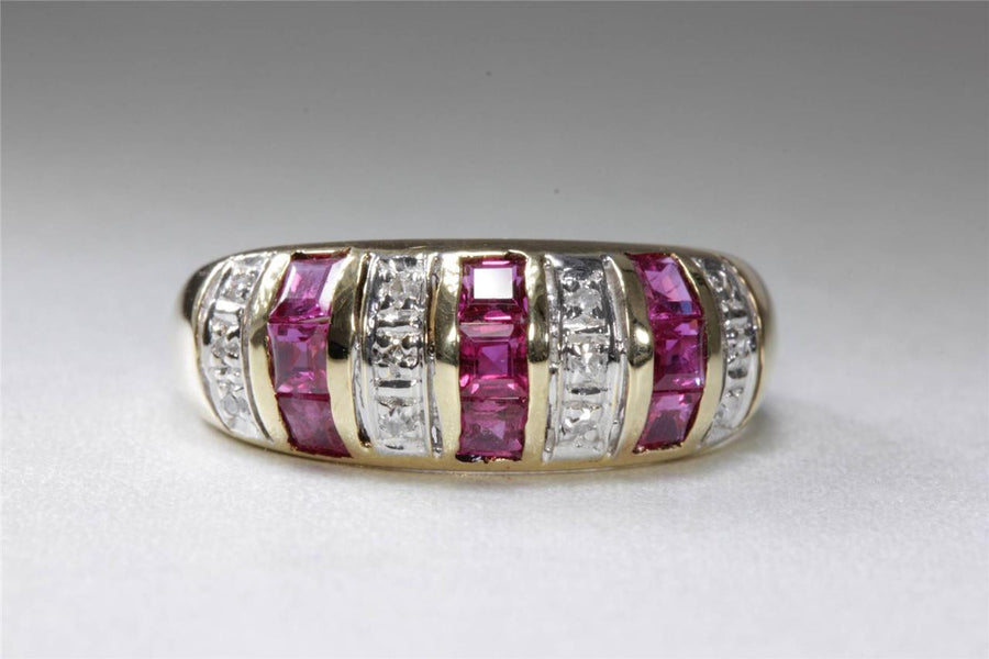 ESTATE 14K GOLD RING PRINCESS SHAPE RUBY ROUND SHAPE DIAMOND WHITE YELLOW 1.02CT