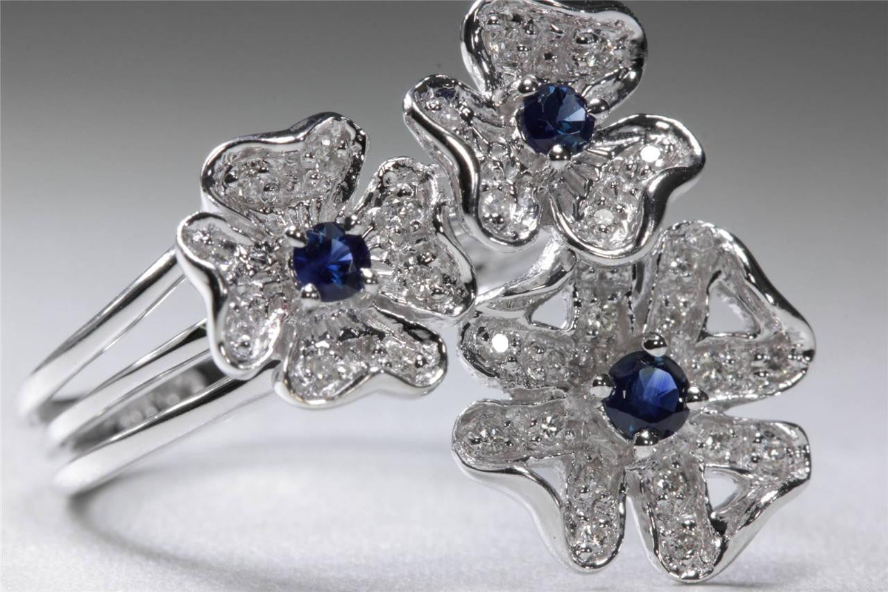 MODERN 14K WHITE GOLD ROUMD CUT SAPPHIRE FLOWER SETTING DIAMOND RING .40CT