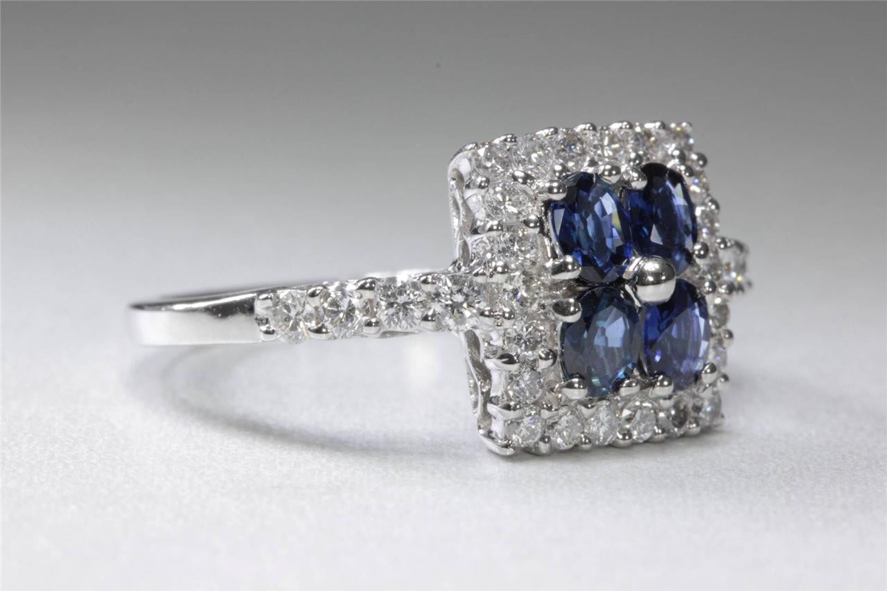 ANTIQUE 14k WHITE GOLD OVAL CUT BLUE SAPPHIRE & DIAMOND SQUARE RING 1.62CT