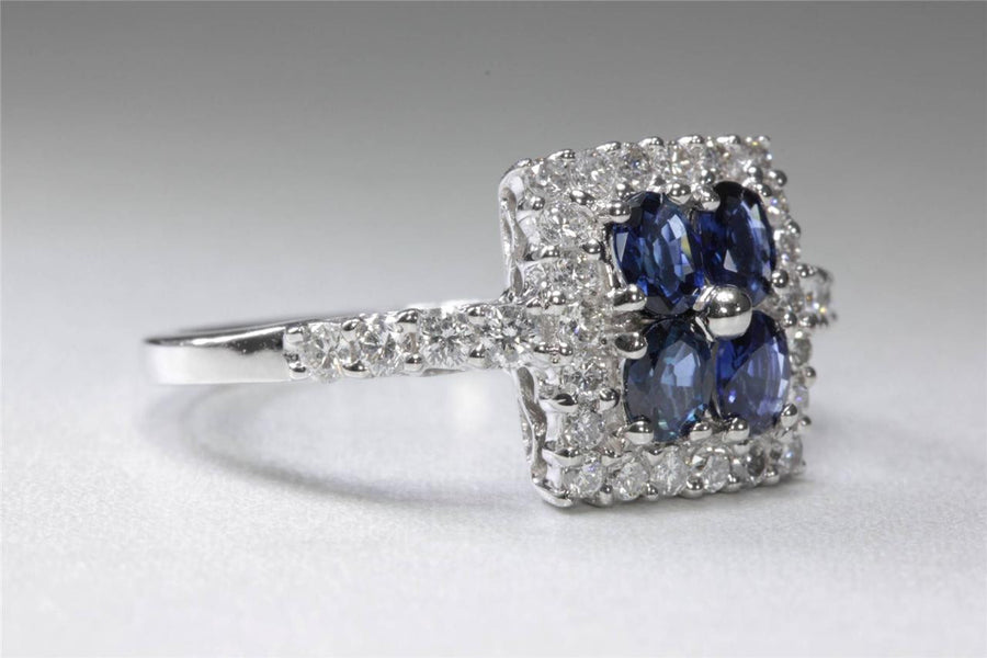 ANTIQUE 14k WHITE GOLD OVAL CUT BLUE SAPPHIRE & DIAMOND SQUARE RING 1.62CT