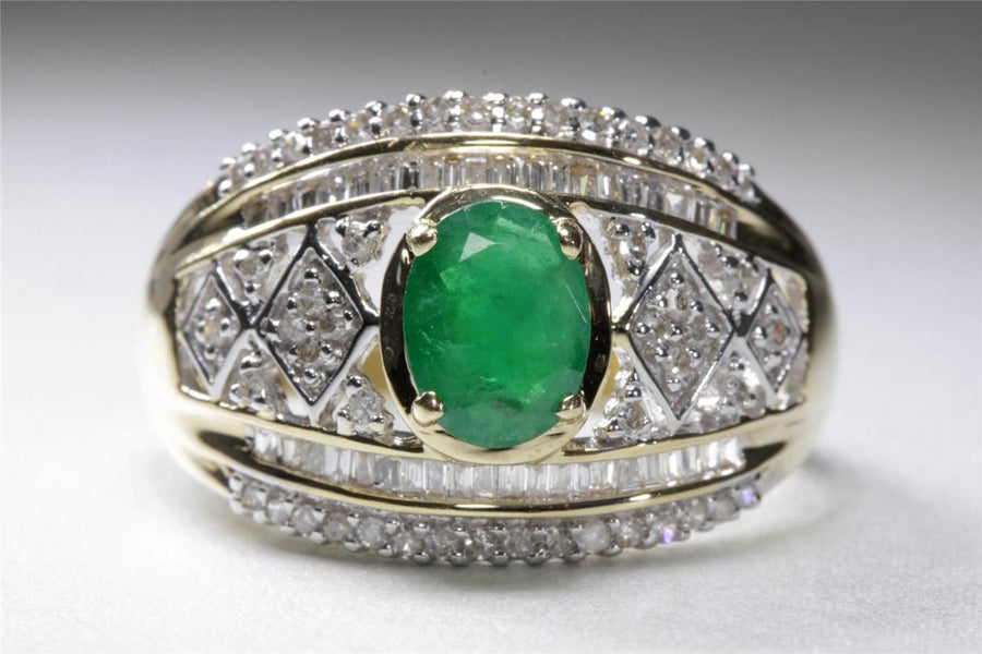ANTIQUE 14k YELLOW GOLD OVEL CUT EMERALD BAGUETTE ROUND DIAMOND RING 2CT SOLID