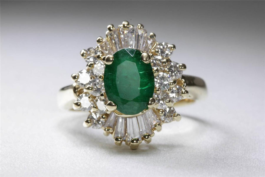ANTIQUE 14k YELLOW GOLD EMERALD CUT EMERALD BAGUETTE ROUND DIAMOND RING 2.45CT