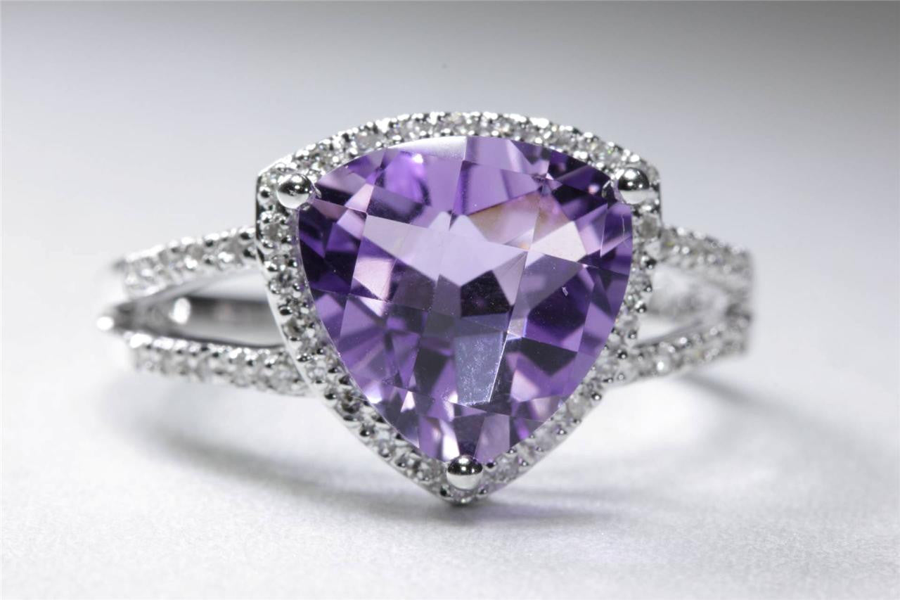 MODERN 14K WHITE GOLD LADIES CHECKERBOARD SHAPE AMETHYST DIAMOND RING 3.67CT