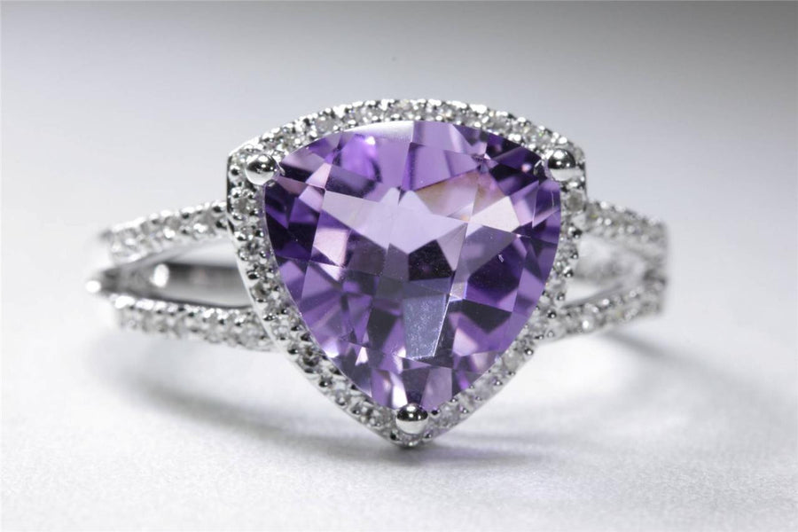 MODERN 14K WHITE GOLD LADIES CHECKERBOARD SHAPE AMETHYST DIAMOND RING 3.67CT