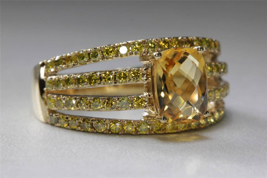 MODERN 14K YELLOW GOLD LADIES CHECKERBOARD CITRINE YELLOW DIAMOND RING 2.20CT