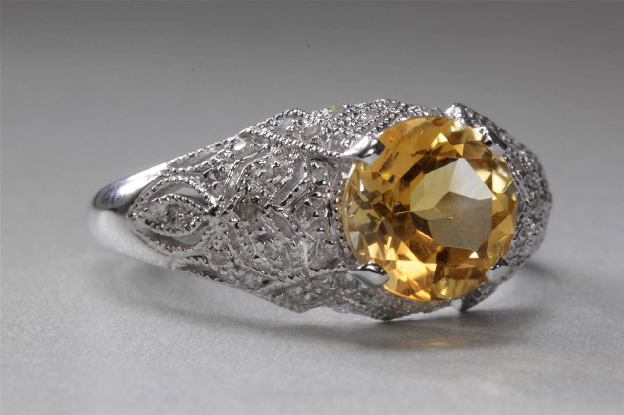 ANTIQUE 14k WHITE GOLD LADIES CITRINE & DIAMOND FILIGREE ART DECO RING 1.73CT