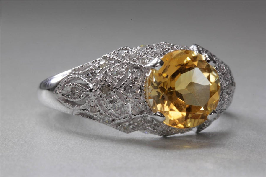 ANTIQUE 14k WHITE GOLD LADIES CITRINE & DIAMOND FILIGREE ART DECO RING 1.73CT