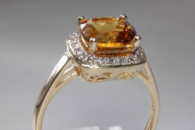 MODERN 14K YELLOW GOLD LADYS RING CUSHION CUT CITRINE & DIAMOND 3.20CT