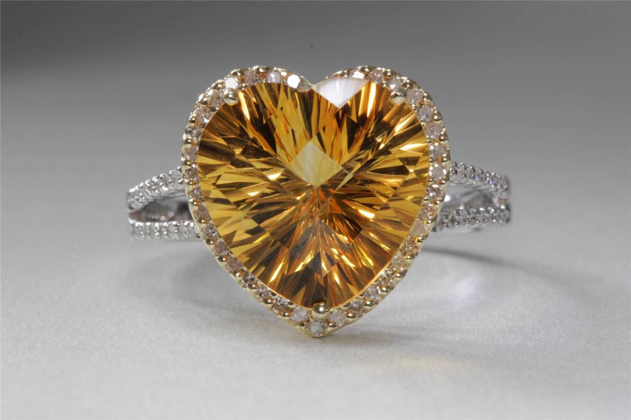 HALO 14k WHITE &YELLOW GOLD LADYS LASER CUT CITRINE & DIAMOND MODERN RING 8.69CT