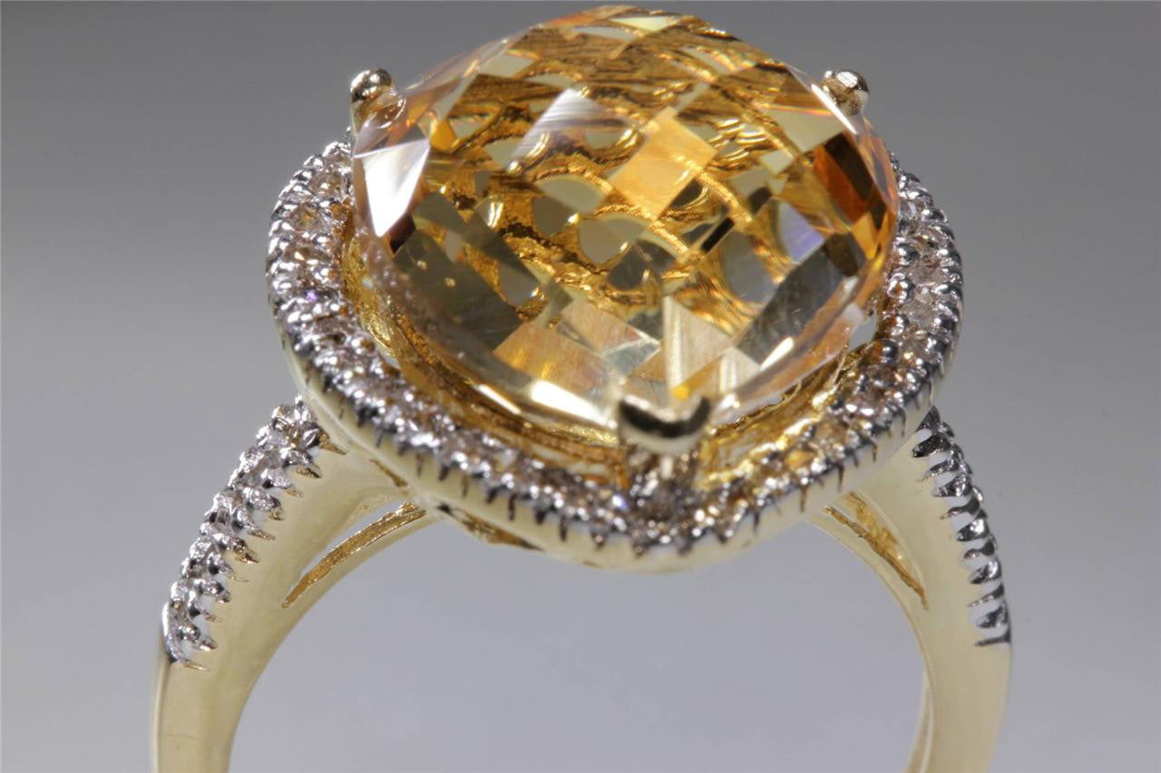 MODERN 14k YELLOW GOLD LADIES RING CHECKERBOARD HEART CITRINE DIAMOND 10.51CT