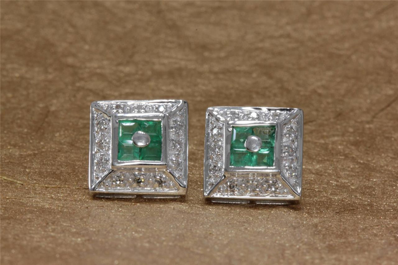 ANTIQUE 14K WHITE GOLD LADIES EARRING EMERALD PRINCESS CUT & DIAMOND 1.04CT