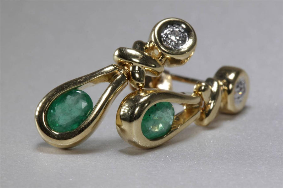 ANTIQUE 14K YELLOW GOLD LADYS EARRING EMERALD OVAL CUT & DIAMOND .54CT GENUINE