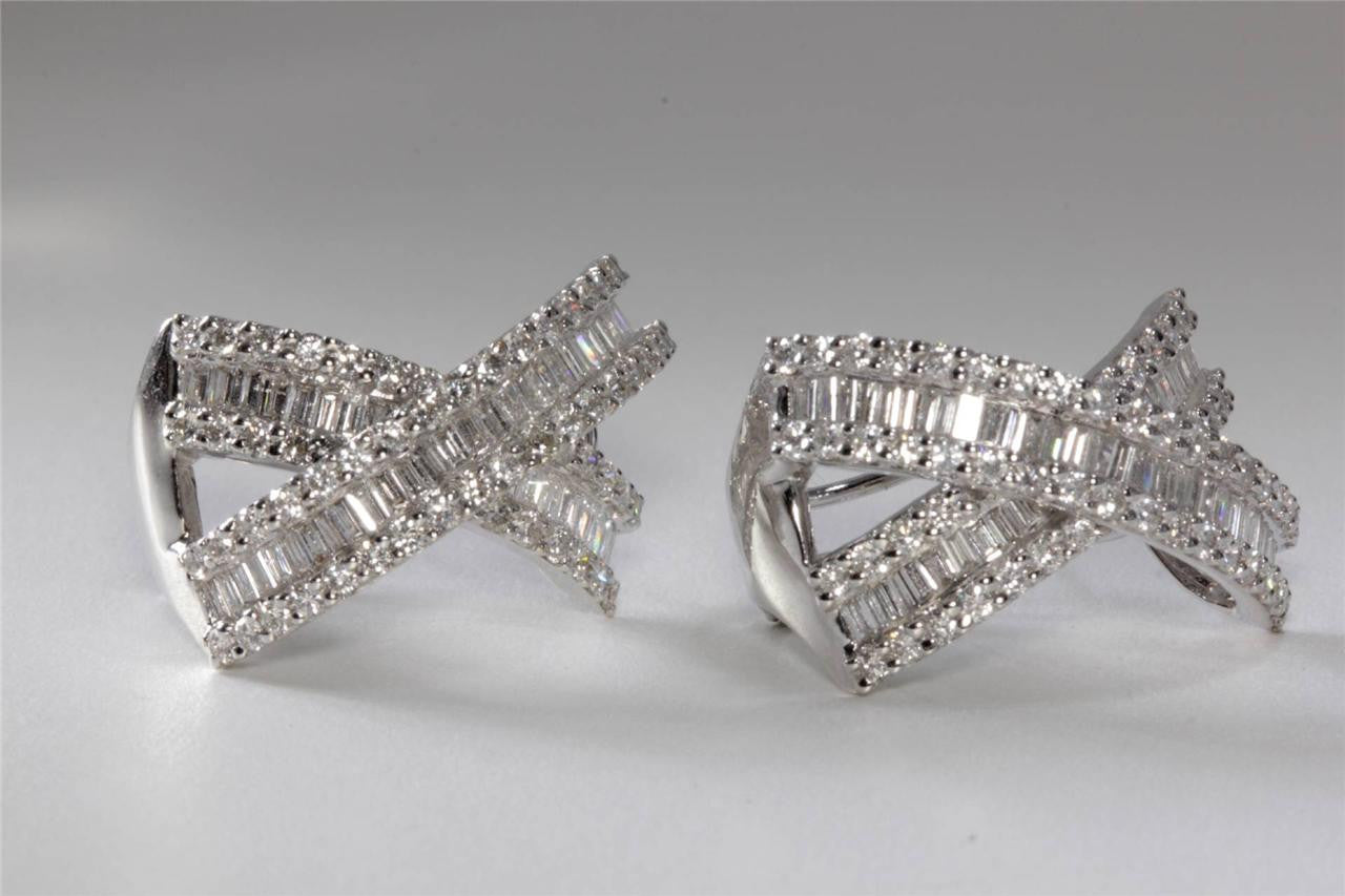 14K WHITE GOLD X EARRINGS BAGUETTE DIAMOND ROUND 4.0CT OMEGA BACK
