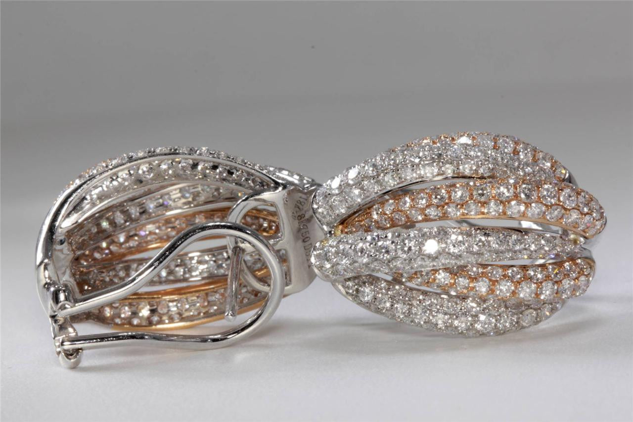 18K WHITE PINK YELLOW GOLD LADYS EARRINGS 5.11 CT DIAMOND OMEGA BACK SOLID