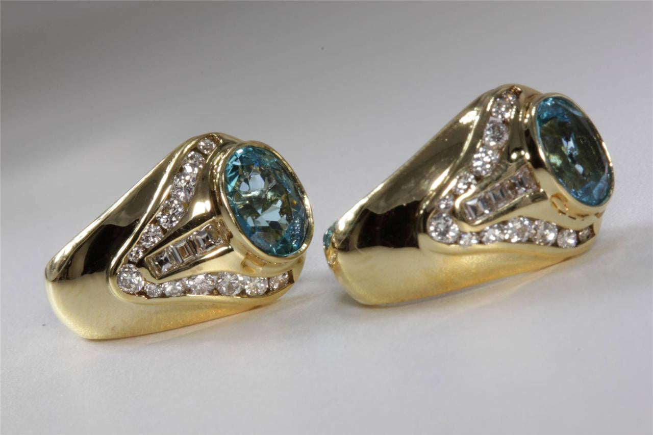 MODERN 18K YELLOW GOLD LADYS EARRINGS OVAL BLUE TOPAZ DIAMONDS OMEGA BACK