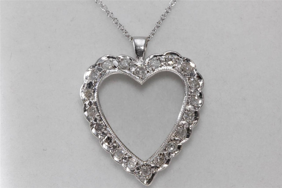 ANTIQUE 14K WHITE GOLD DIAMOND HEART PENDANT .69 CT & 14K GOLD CHAIN