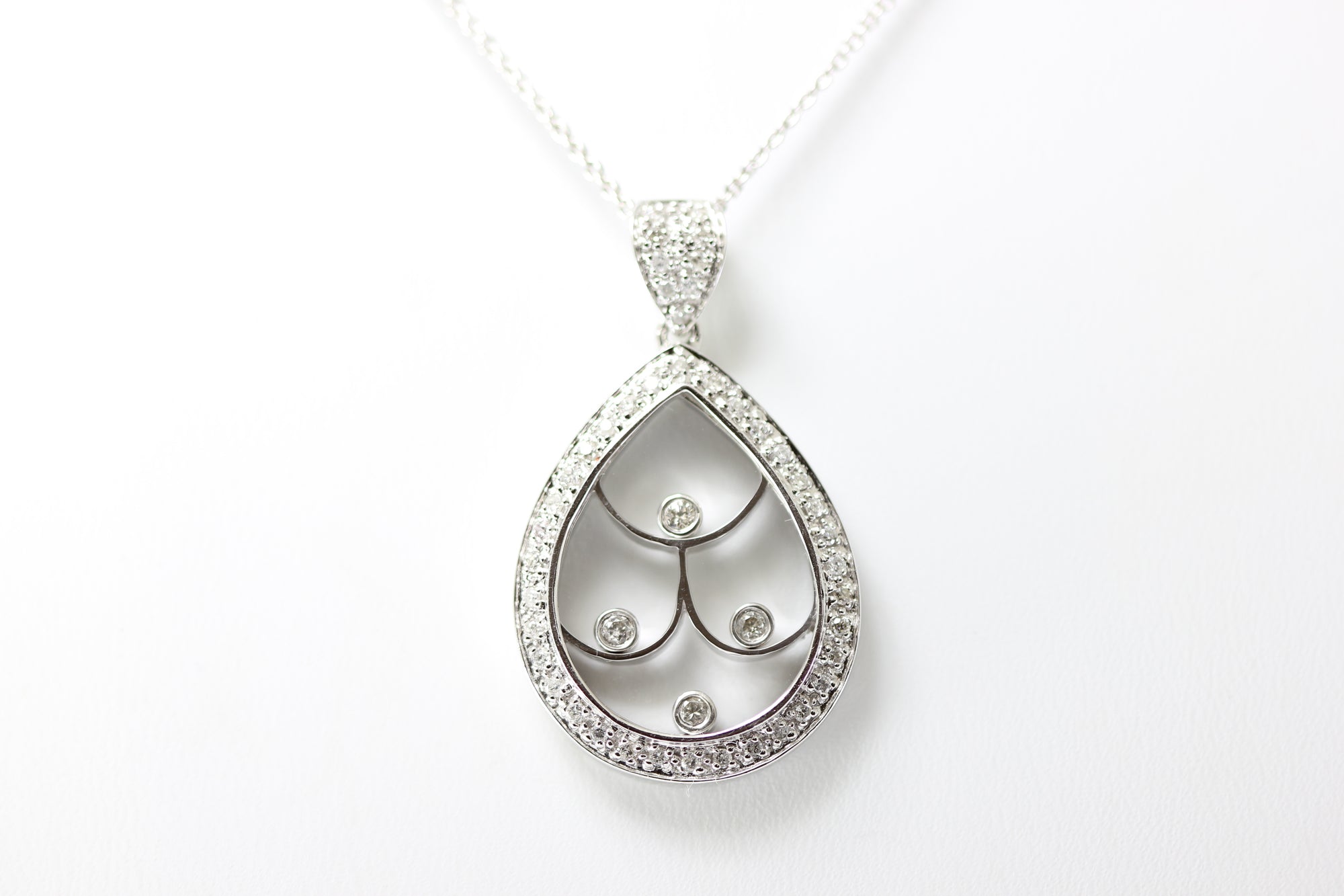 MODERN LADIES PEAR SHAPE HAPPY DIAMONDS  PENDANT AND CHAIN 14k WHITE GOLD