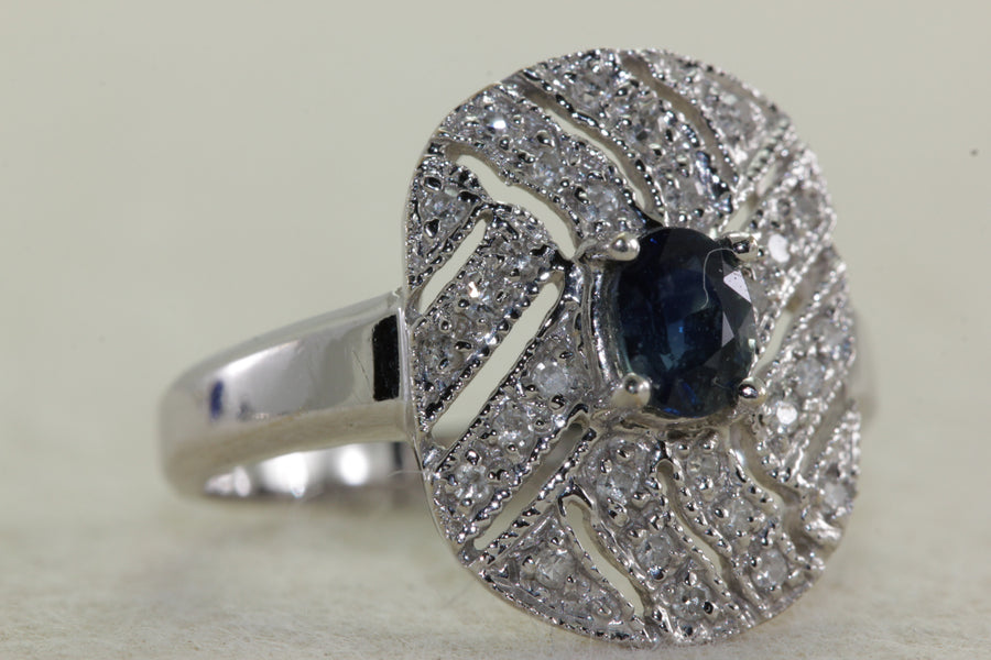LADIES ANTIQUE COCKTAIL 14k WHITE GOLD SAPPHIRE & DIAMOND RING