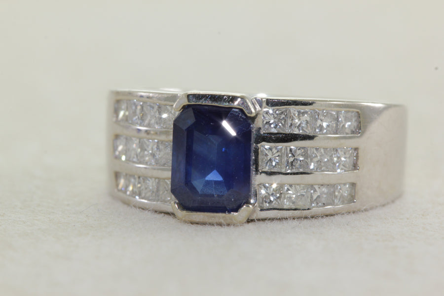 EMERALD CUT SAPPHIRE & PRINCESS CUT DIAMOND RING 14k WHITE GOLD LADIES WIDE