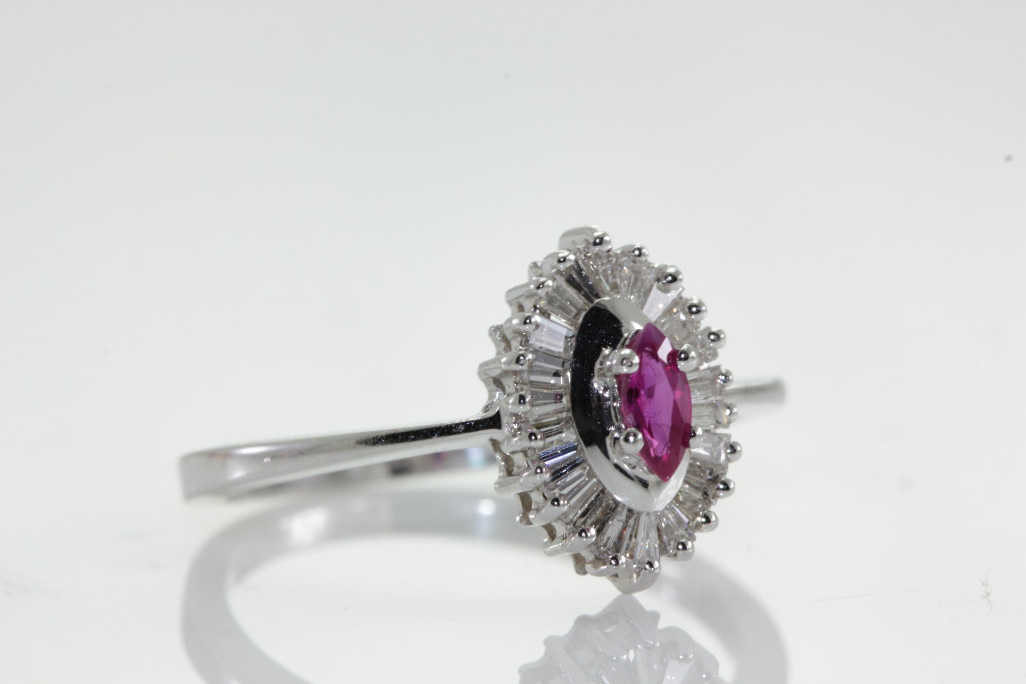 14K WHITE GOLD NATURAL RUBY MARQUISE SHAPE & DIAMOND BAGUETTES RING BALLERINA SETTING